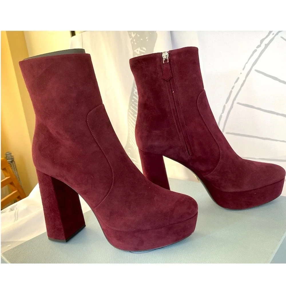 PRADA Milano 1TP221 Womens Burgundy Suede High heel‎ Ankle Boots Shoes, 35.5